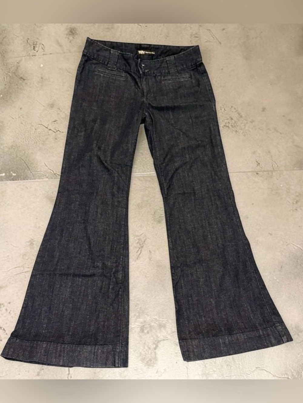 Mossimo Y2K Flare Jeans Low Rise Wide Leg Dark Blue Stretch Premium Denim Sz 10 - Picture 1 of 9